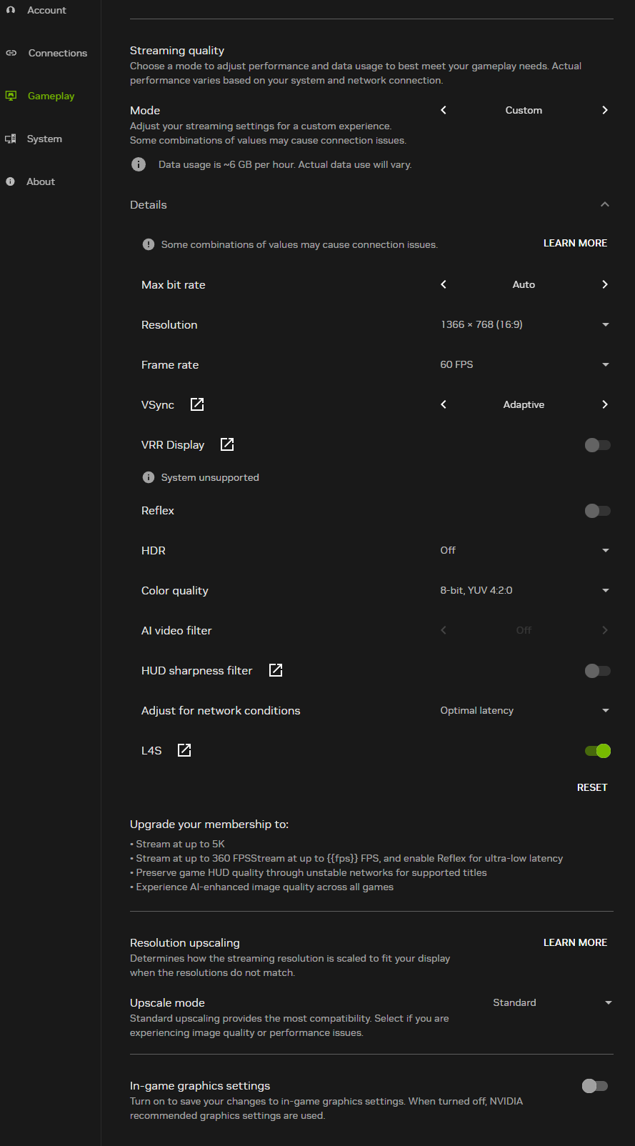 GeForce NOW streaming settings